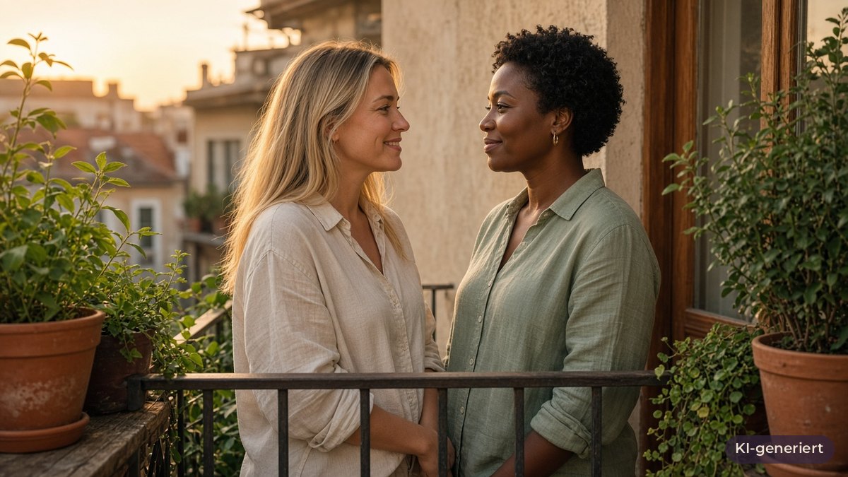 Zwei Frauen stehen bei Abendsonne auf dem Balkon zwischen Pflanzen und lächeln sich ruhig an